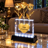 3 Illuminated 8" 24k Gold Roses in 5" Personalized Crystal Vase